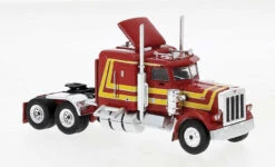 Brekina 85709 - 1973 Peterbilt 359 Sleeper-Cab Tractor - Assembled - Red, Yellow - HO Scale