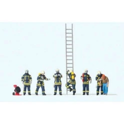 Preiser 10765 - Modern Firefighters With Breathing Apparatus -- 6 Figures In Blue Uniforms, 1 Rescued Man, Accessories - HO Scale